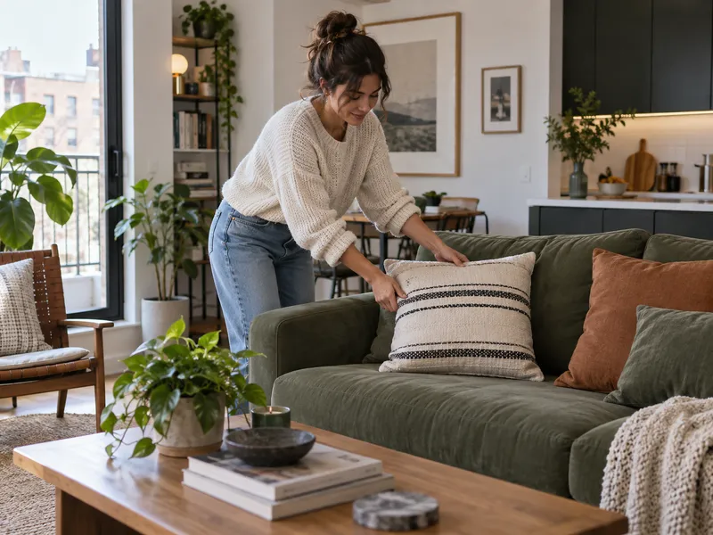 Renter arranging a cushion in a compact apartment