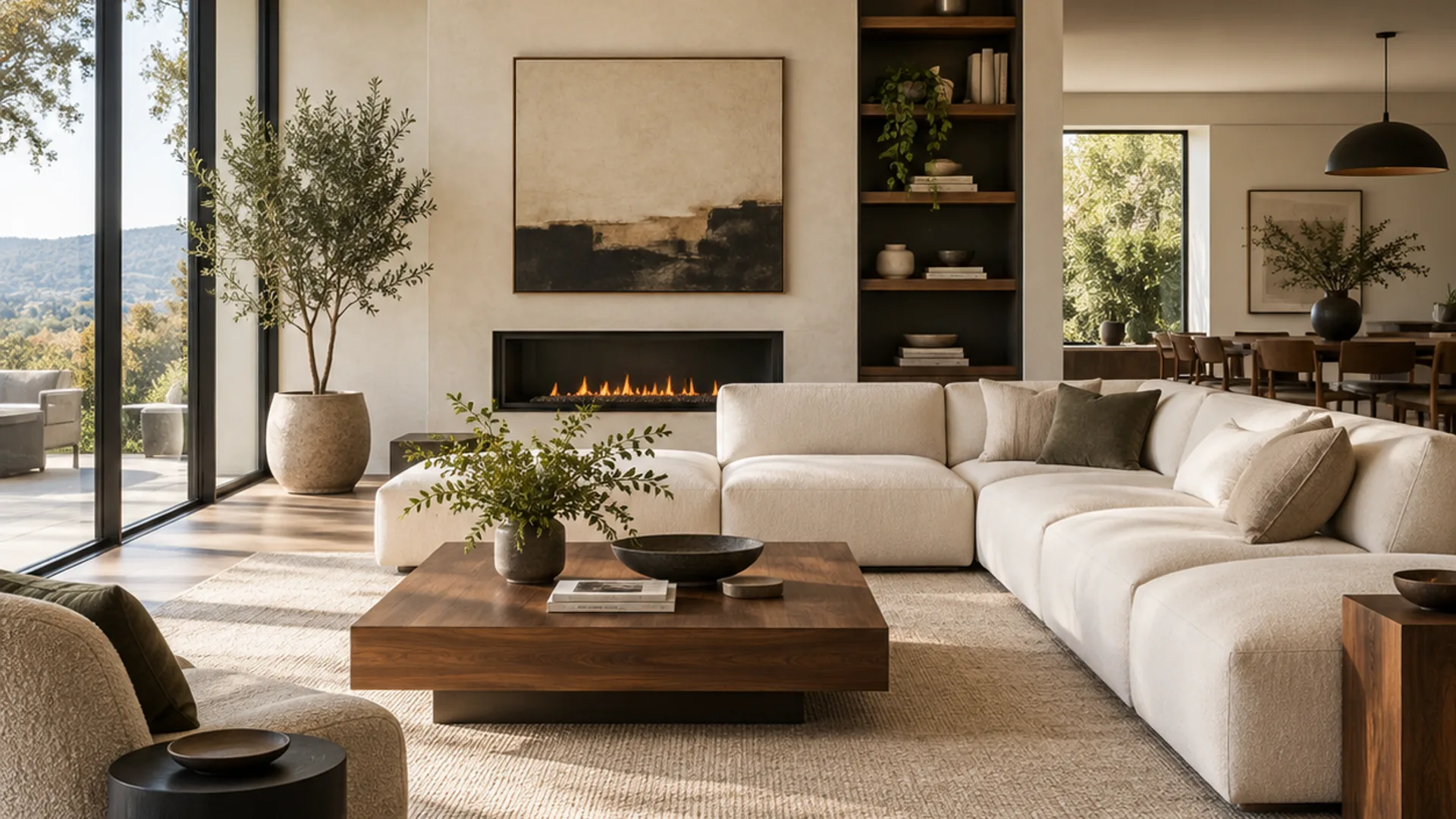 Modern living room with cream seating, walnut furniture and soft daylight