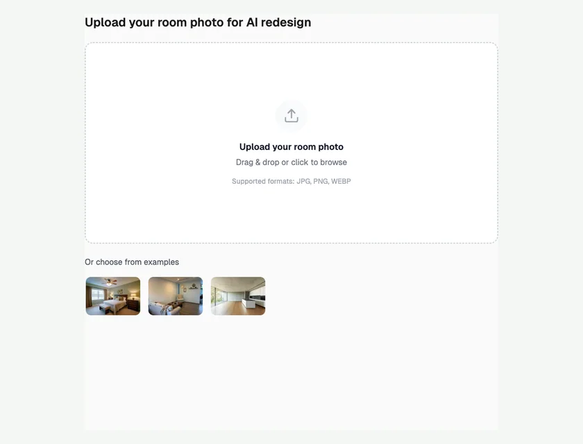 JanvAI upload interface with the room photo upload area and sample images