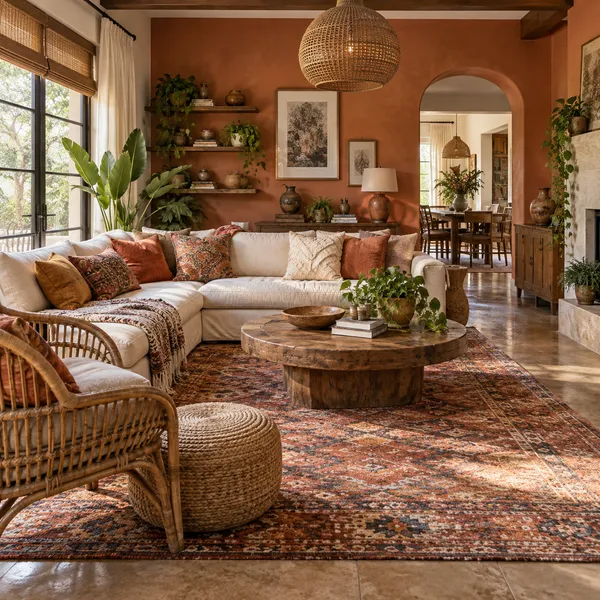 Bohemian living room with rattan, patterned textiles and plants