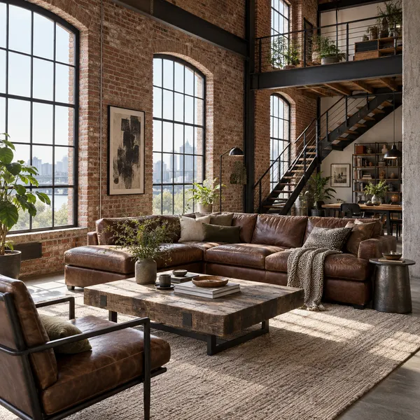 Industrial loft with exposed brick, steel windows and leather seating