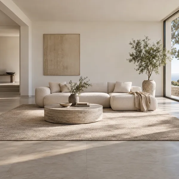 Minimalist white living room with a low sofa and stone table