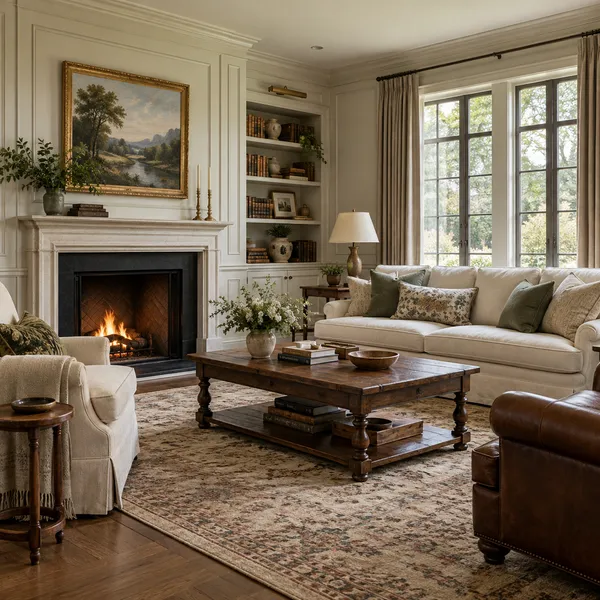 Traditional living room with panelled walls and classic upholstered seating
