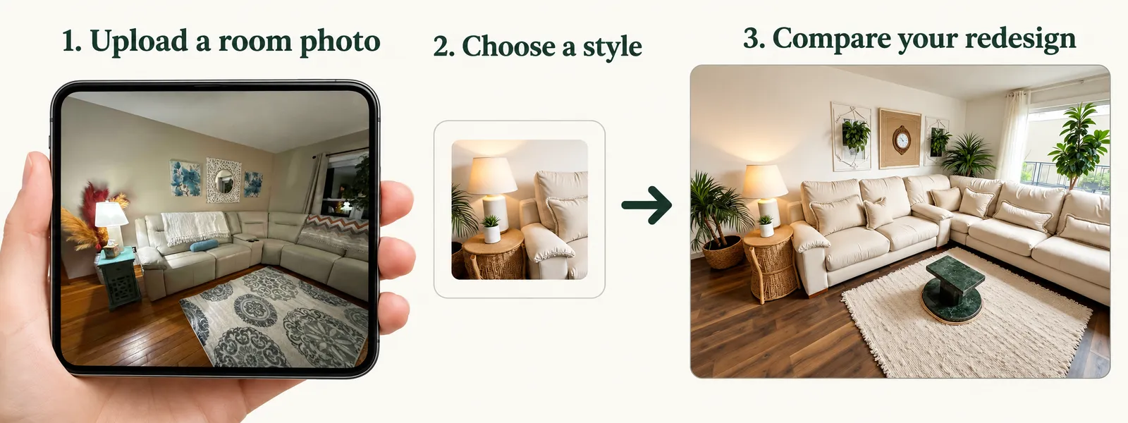 Room redesign workflow: upload a living room photo from a phone, choose a style, then compare the redesigned room